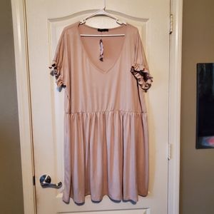 Plus Ruffle V Neck Smock Dress Stone